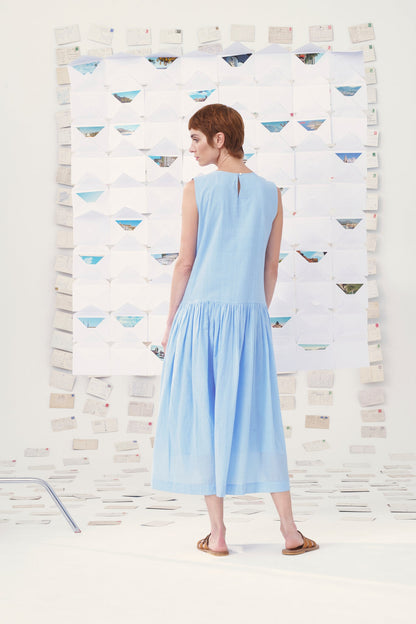 MII | Edith Dress - Hand-Embroidered Sunflower Cotton Sky-Blue