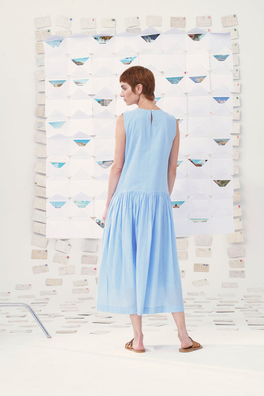 MII | Edith Dress - Hand-Embroidered Sunflower Cotton Sky-Blue Midi