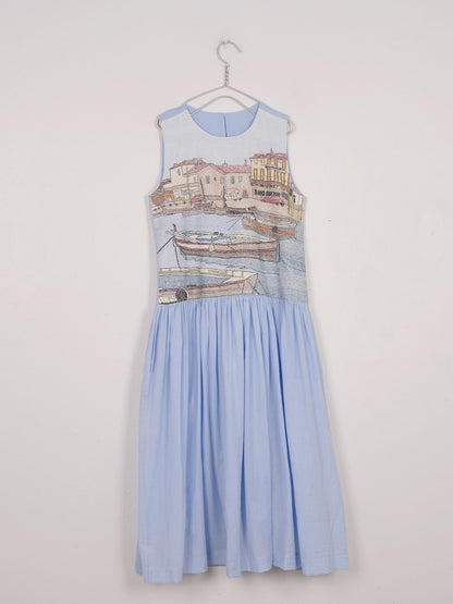 MII | Edith Dress - Hand-Embroidered Sunflower Cotton Sky-Blue