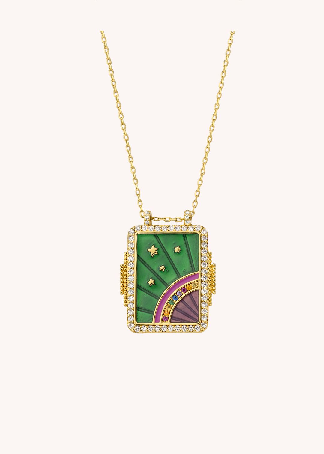 Necklace Green Rainbow Co-358g Gold