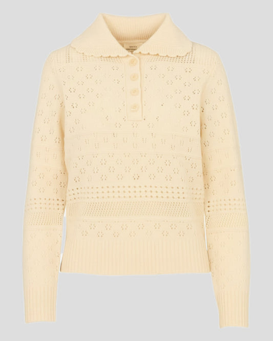 Petite Mendigote | Openwork Wool Pullover with Polo Collar - Ecru