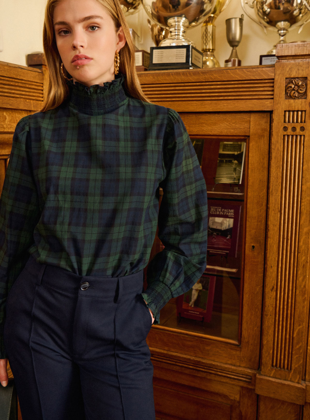Petite Mendigote | Checkered Smocked Mock Neck Blouse - Navy