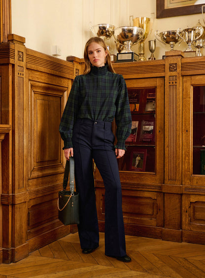 Petite Mendigote | Checkered Smocked Mock Neck Blouse - Navy