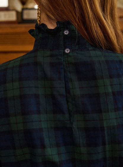 Petite Mendigote | Checkered Smocked Mock Neck Blouse - Navy