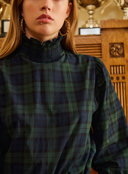 Petite Mendigote | Checkered Smocked Mock Neck Blouse - Navy