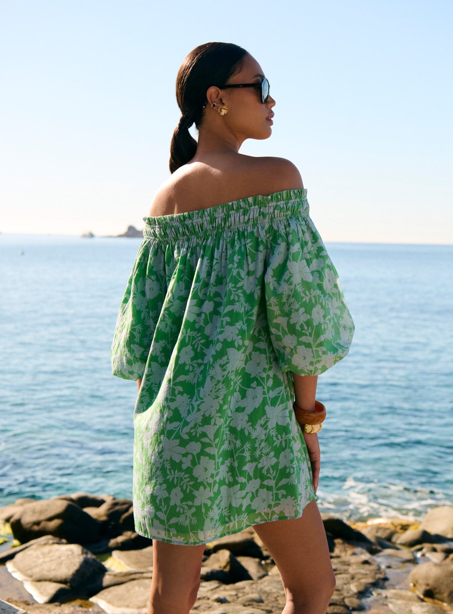 Petite Mendigote | Fannie Bardot Dress - Avocado Floral Print