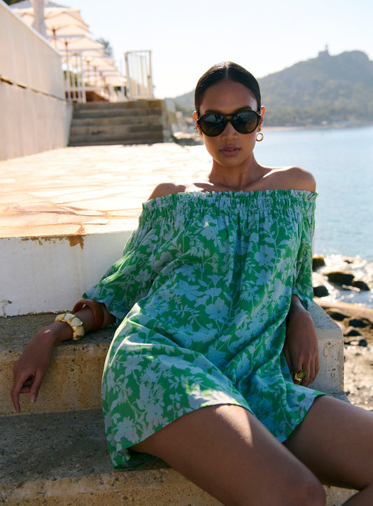 Petite Mendigote | Fannie Bardot Dress - Avocado Floral Print