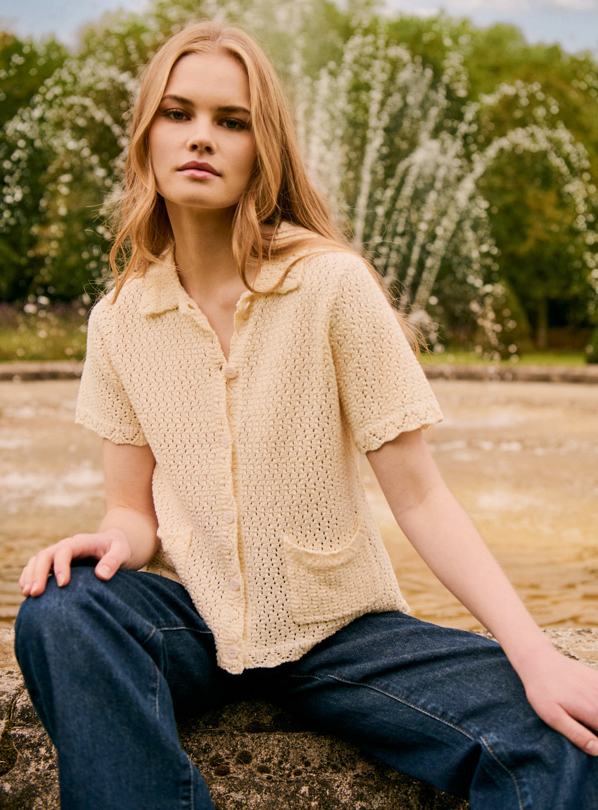 Women's Cardigan Merino Wool Knit Fabric With Cozy Weave - Ecru