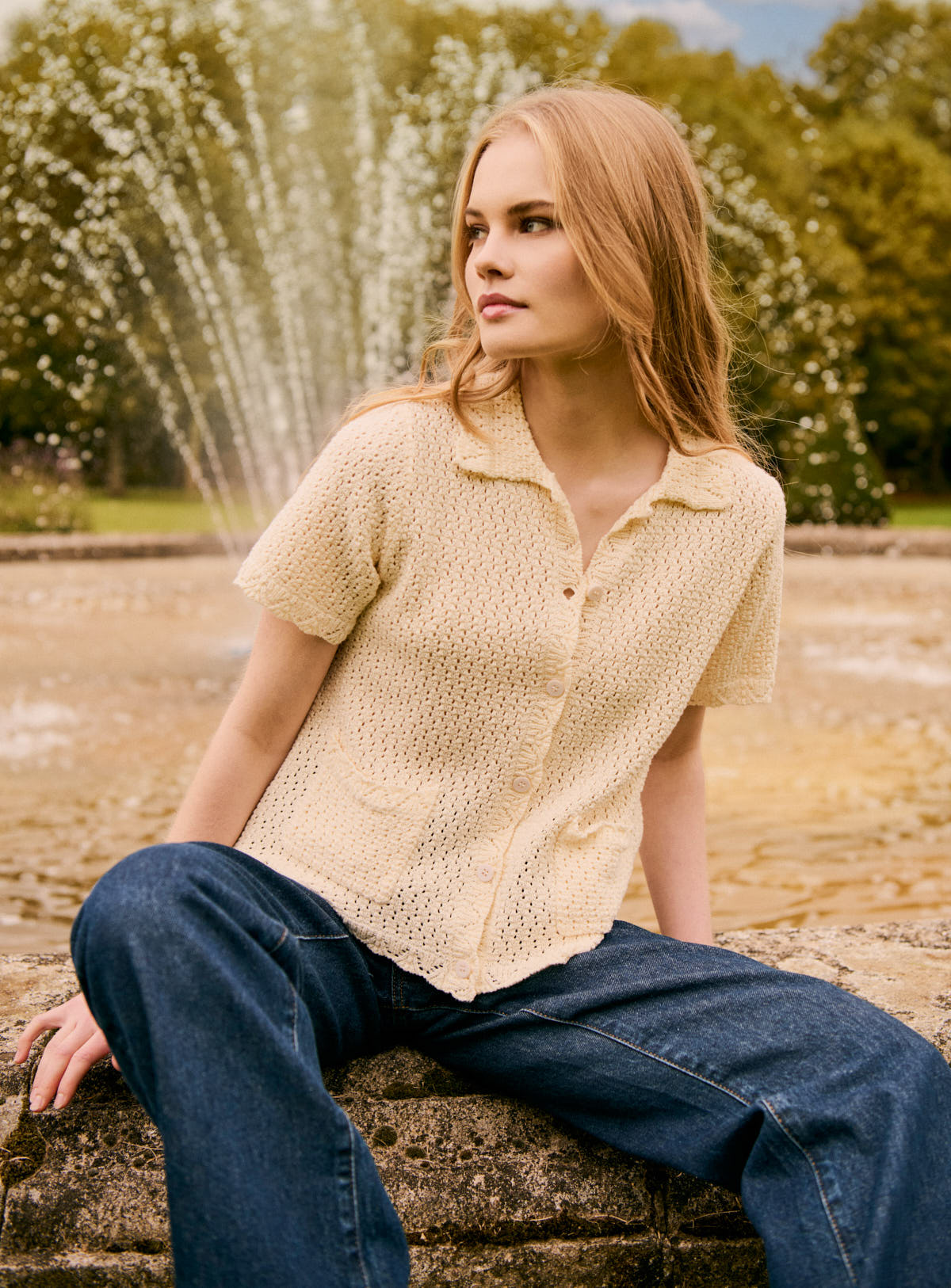 Women's Cardigan Merino Wool Knit Fabric With Cozy Weave - Ecru