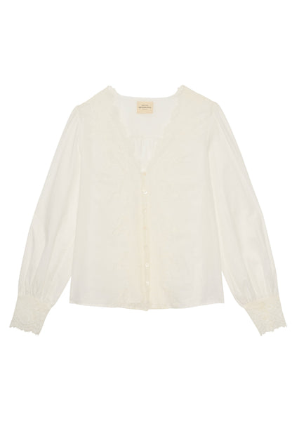 Petite Mendigote | Tara Lace Blouse - Ecru V-Neck Balloon Sleeve
