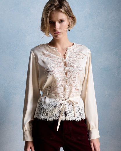 Petite Mendigote | Ecru Telma Blouse - Lace V-Insert