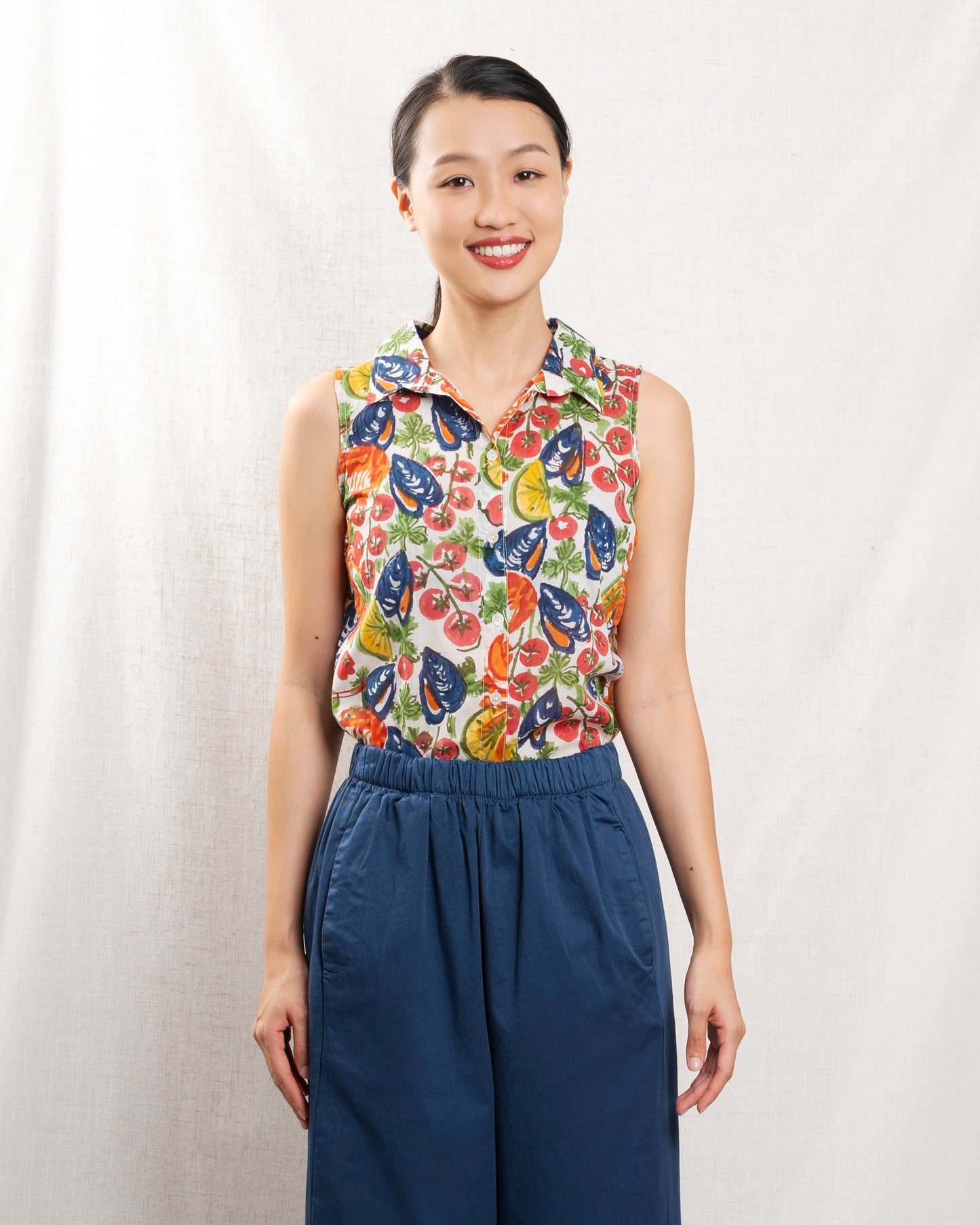 Women Blouse 100 Percent Cotton Poplin Button-Front - Ivory Scoglio