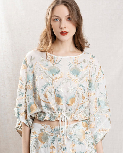 Kori | Blossom Drawstring Poplin Blouse - White Multi White-Multi-Gre