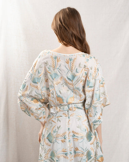 Kori | Blossom Drawstring Poplin Blouse - White Multi White-Multi-Gre