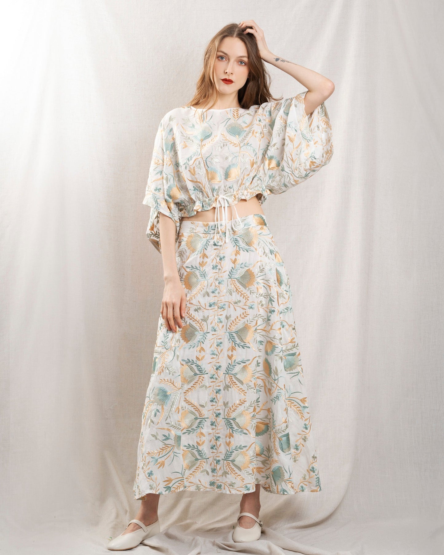 Kori | Blossom Drawstring Poplin Blouse - White Multi White-Multi-Gre