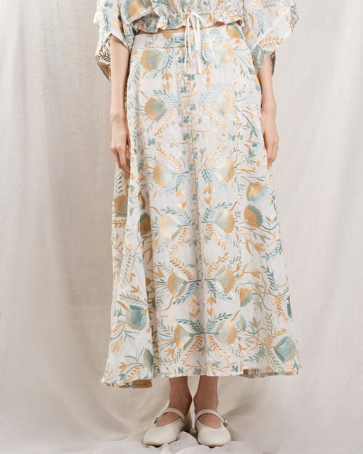 Kori | Long Blossom Printed A-Line Skirt - White Multi White-Multi-Gre