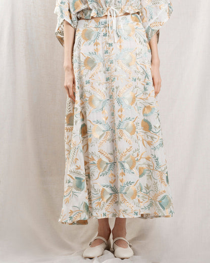 Kori | Long Blossom Printed A-Line Skirt - White Multi White-Multi-Gre