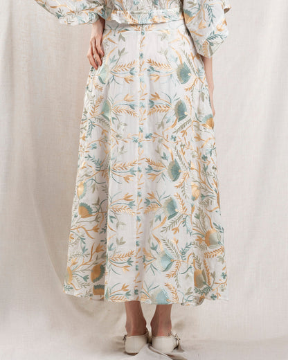 Kori | Long Blossom Printed A-Line Skirt - White Multi White-Multi-Gre