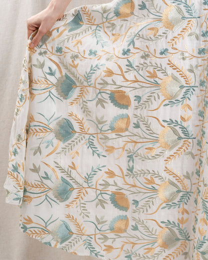 Kori | Long Blossom Printed A-Line Skirt - White Multi White-Multi-Gre