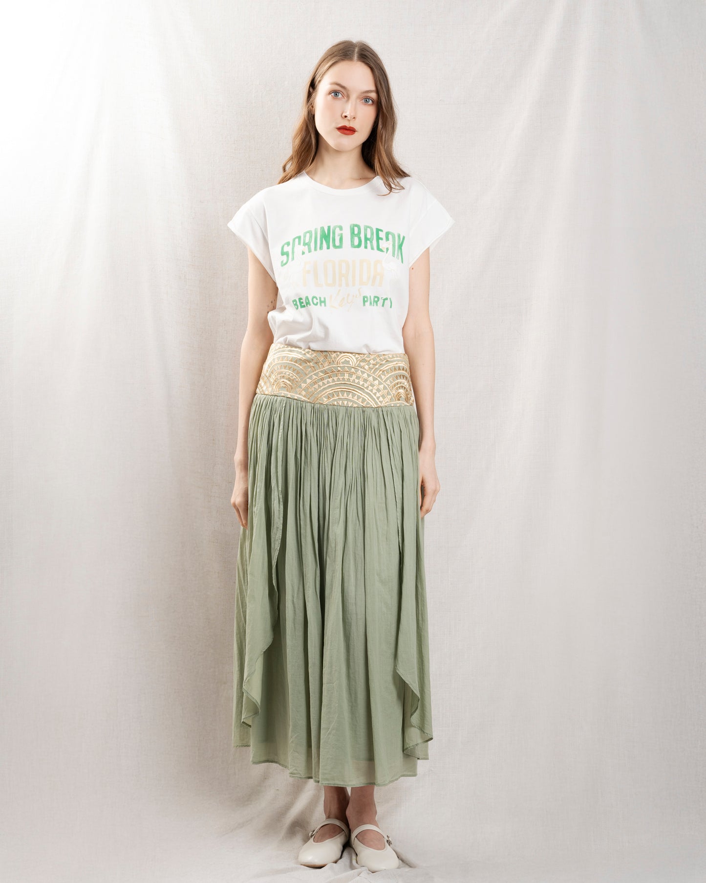 KORI | Long Triangle Skirt in Sage-Gold
