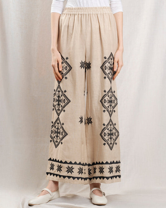 Kori | LEFKADA Elastic Wide-Leg Pants - Beige-Black