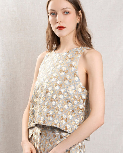 Kori | Sleeveless Cotton Blouse - Light-Grey-Gold