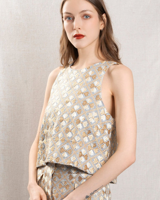 Kori | Sleeveless Cotton Blouse - Light-Grey-Gold
