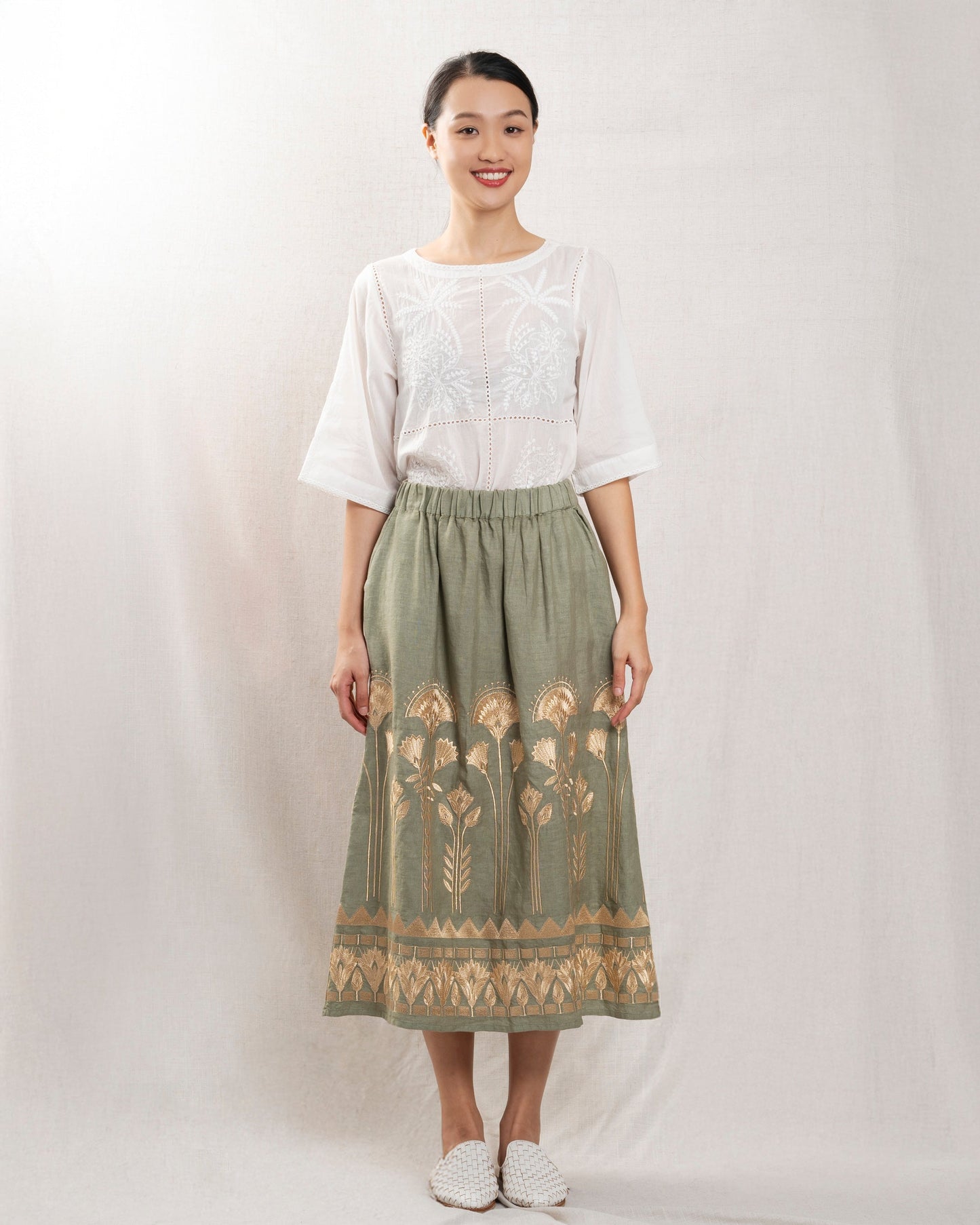 Kori | Sculptural Mid Skirt in Sage-Gold
