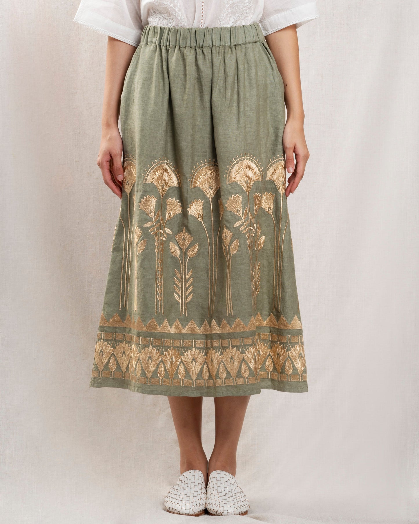 Kori | Sculptural Mid Skirt in Sage-Gold