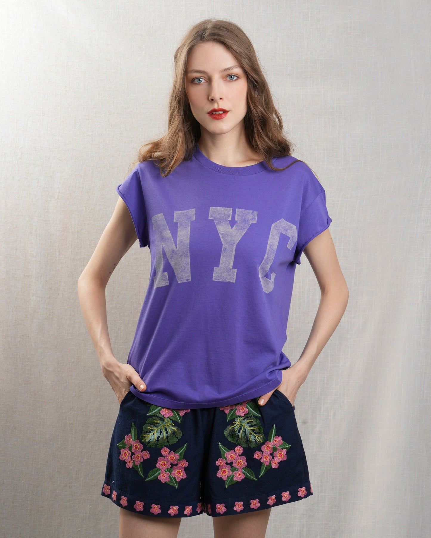 BOWERY | Rolled-Sleeve Graphic T-Shirt in Vintage Violet