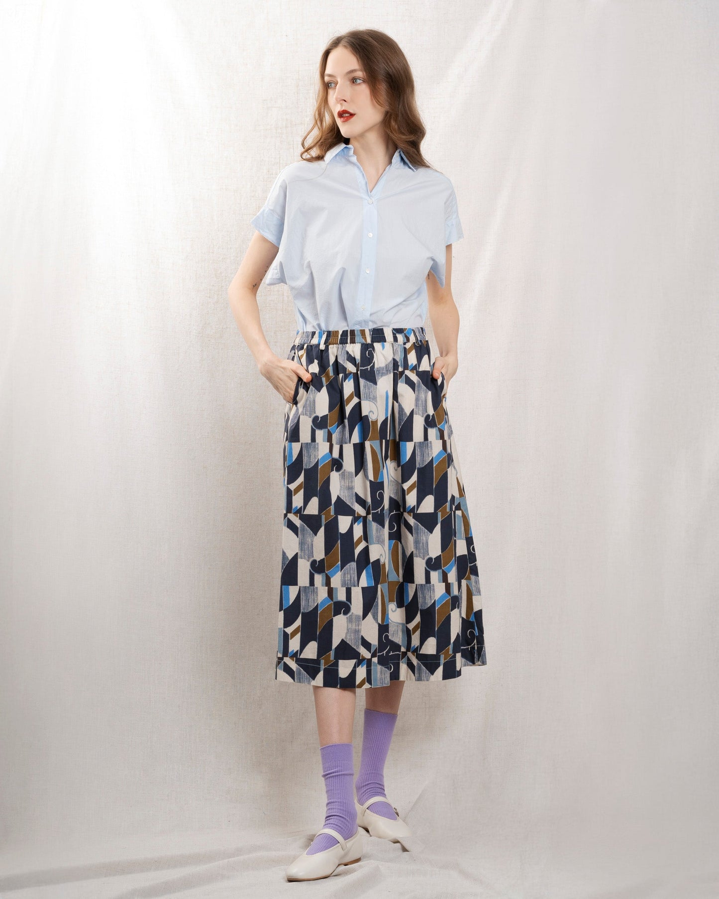 Hartford | Jorda Midi Skirt - i Natural-Blue-Khak 01-Natural-Blue-Khak