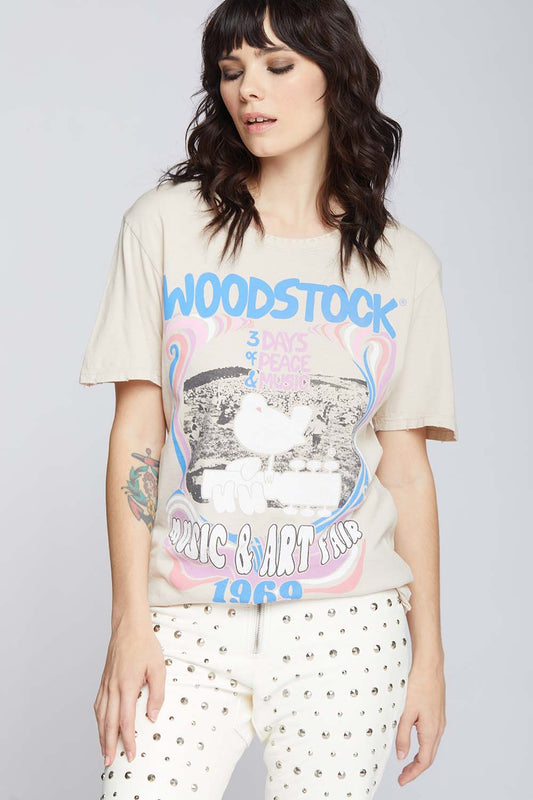 Recycled Karma | Boyfriend Tee - Vintage Woodstock Graphic Old-Lace