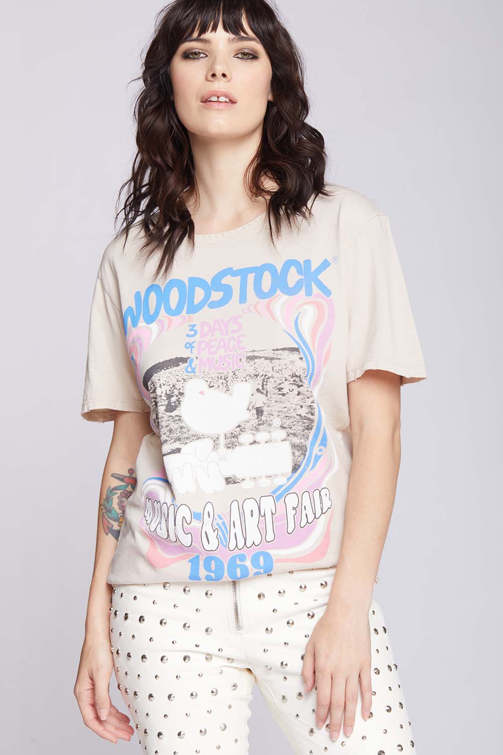 Recycled Karma | Boyfriend Tee - Vintage Woodstock Graphic Old-Lace