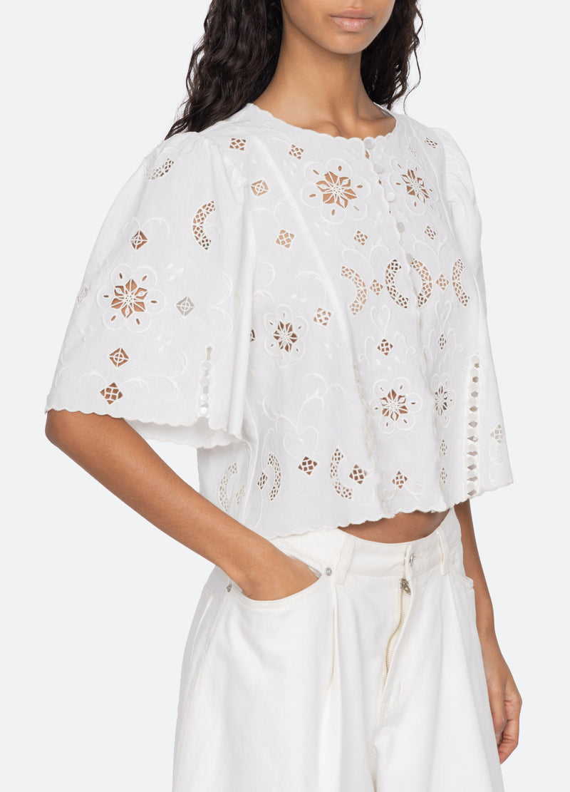 Sea NY | Gardener Embroidered Scalloped Top - White