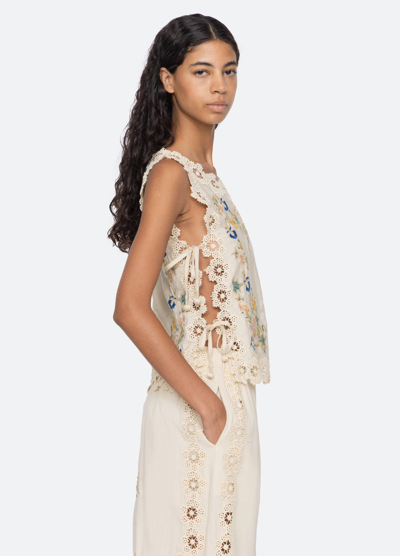 SEA NY | Adonna Embroidered Sleeveless Cotton Top - Cream