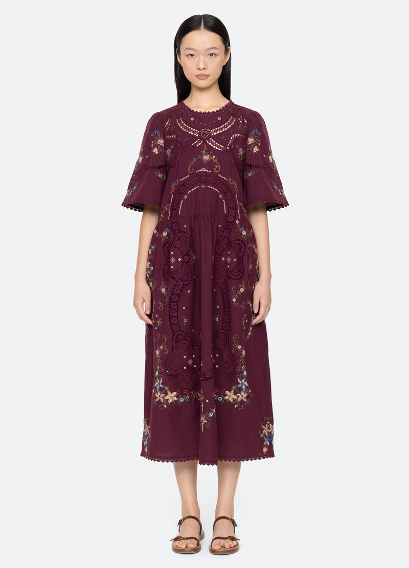 Sea NY | Edwina Embroidered Dress - Burgundy