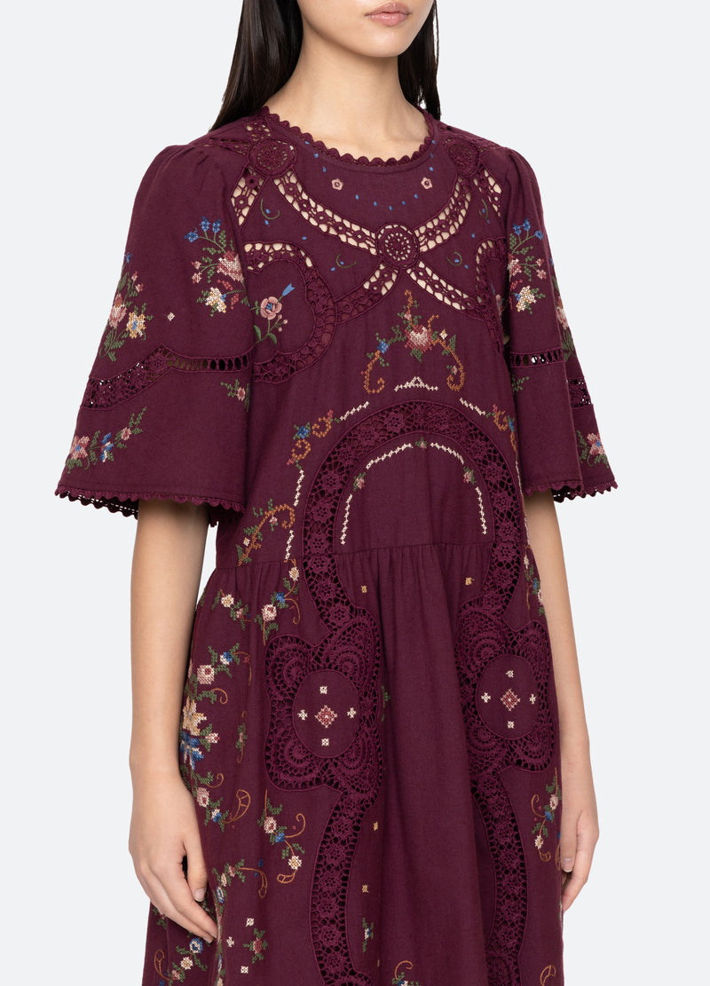 Sea NY | Edwina Embroidered Dress - Burgundy