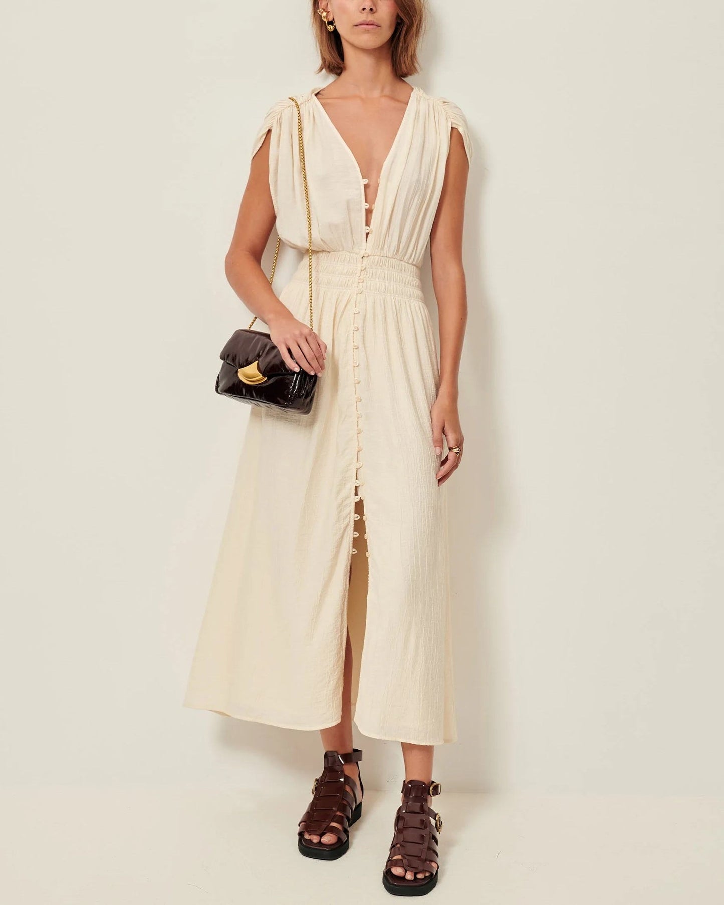 SESSUN | Galiane Ecume Dress - Crinkled Satin Smocked Midi