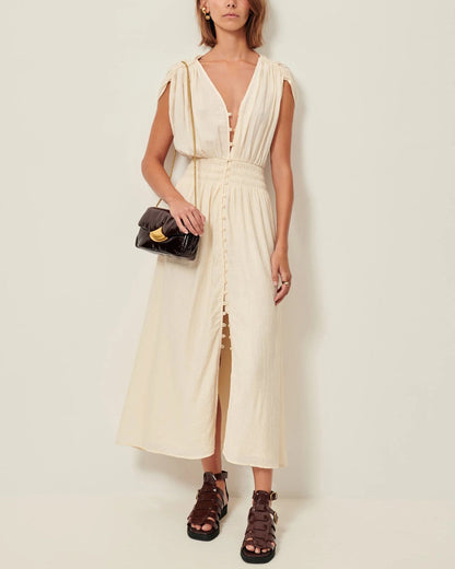 SESSUN | Galiane Ecume Dress - Crinkled Satin Smocked Midi