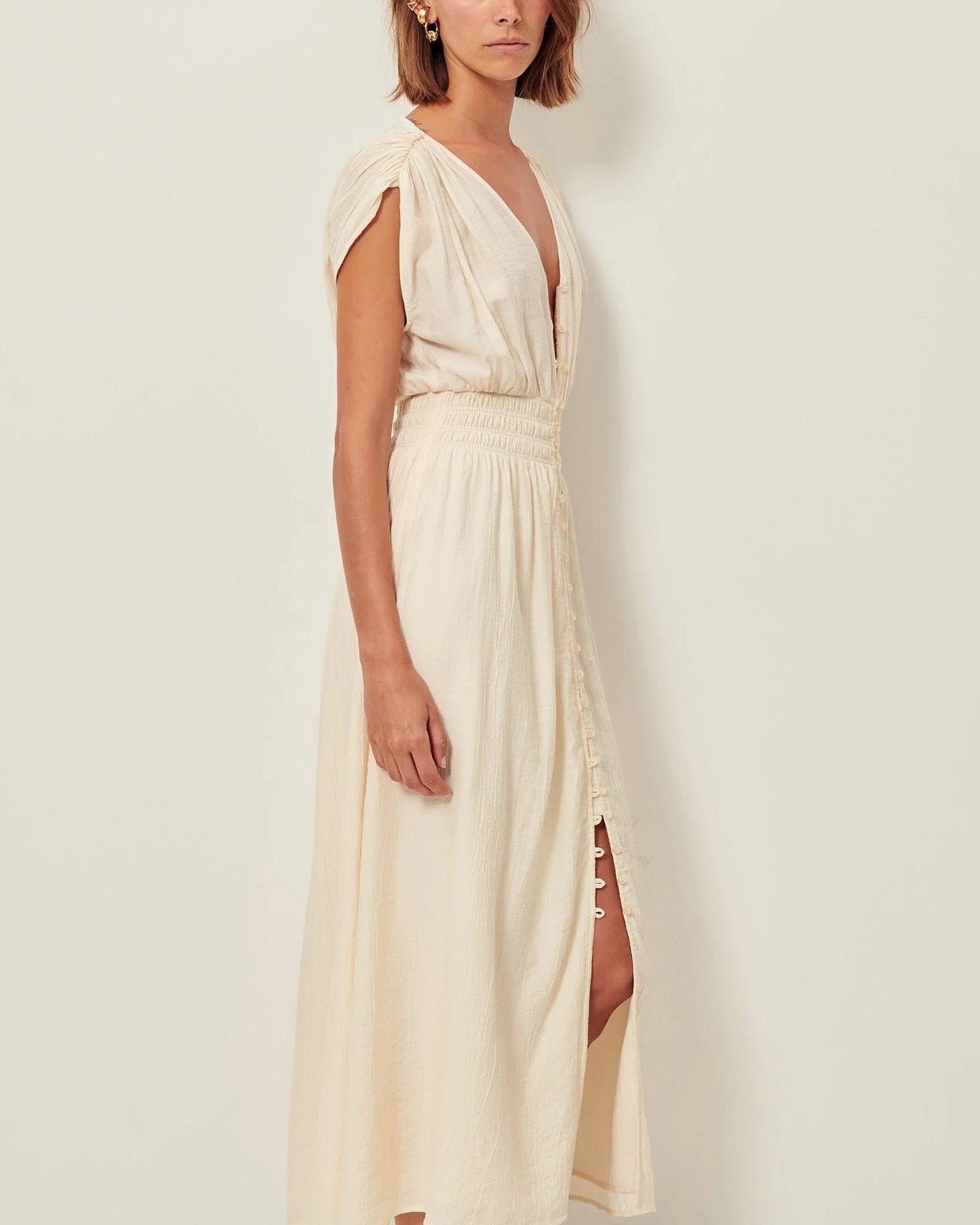 SESSUN | Galiane Ecume Dress - Crinkled Satin Smocked Midi