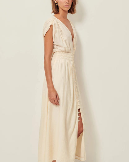 SESSUN | Galiane Ecume Dress - Crinkled Satin Smocked Midi