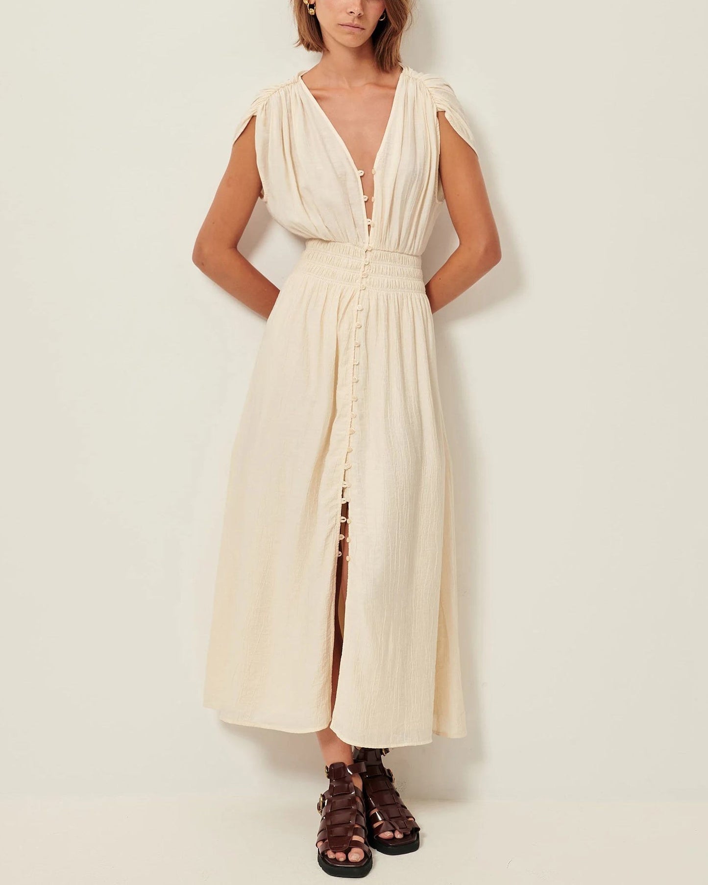SESSUN | Galiane Ecume Dress - Crinkled Satin Smocked Midi