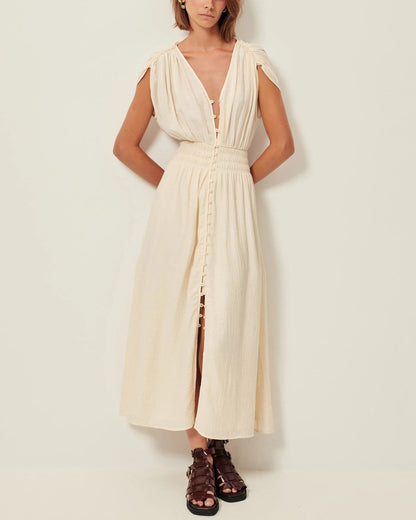 SESSUN | Galiane Ecume Dress - Crinkled Satin Smocked Midi