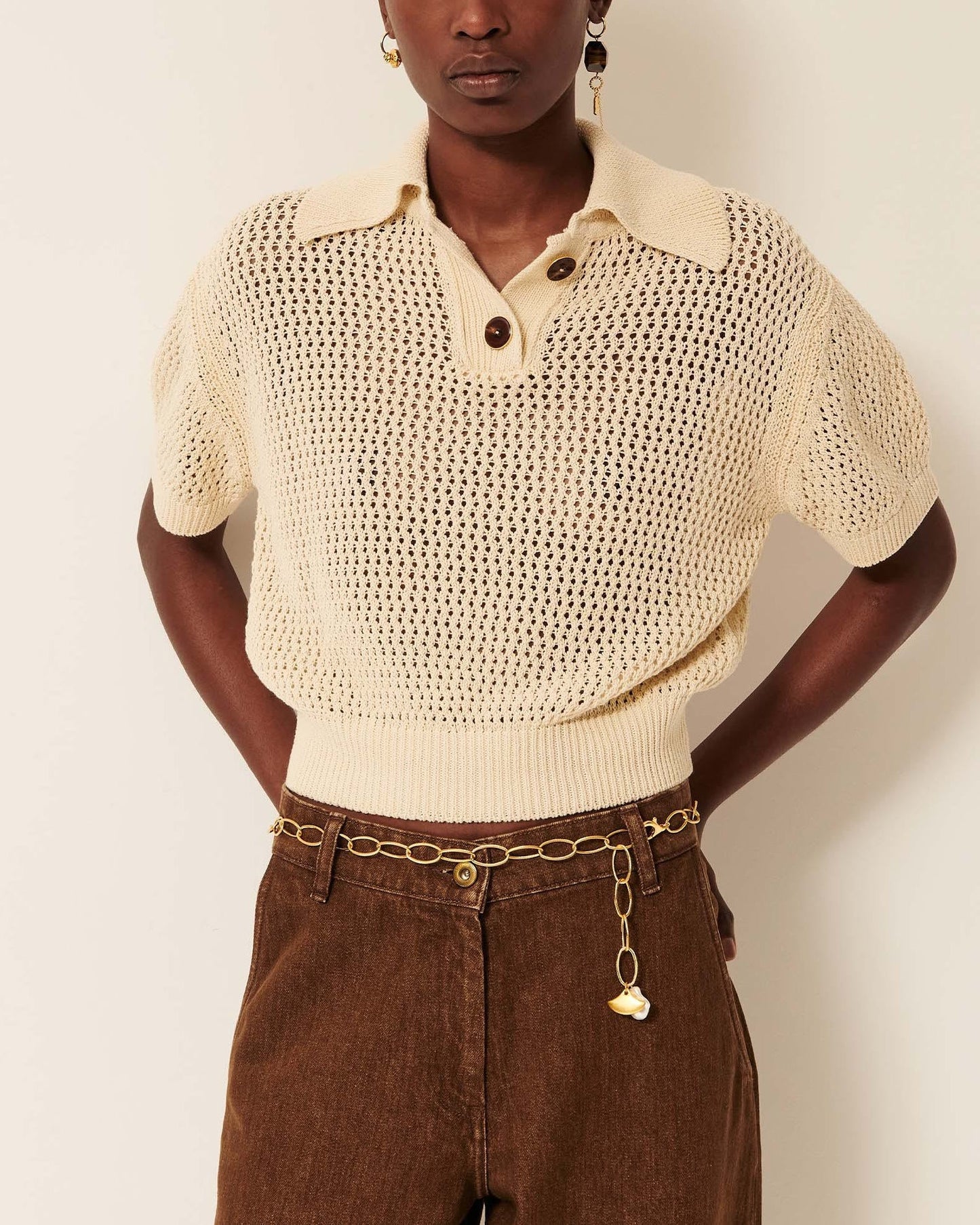 Sessun | Cropped Openwork Polo - Sand