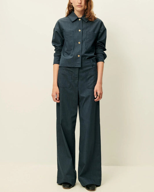 Sessun | Manhatti Flared Pant - High-Rise Linen Cotton Worker-Blue