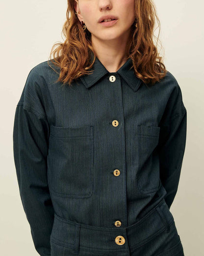 SESSUN | Unisex Slub-Yarn Cotton-Linen Overshirt - Worker-Blue