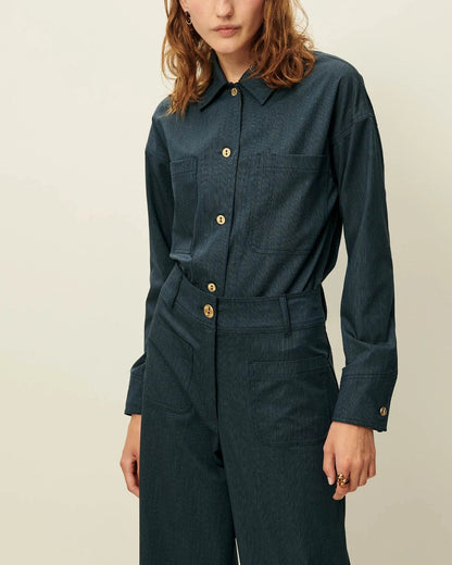 SESSUN | Unisex Slub-Yarn Cotton-Linen Overshirt - Worker-Blue