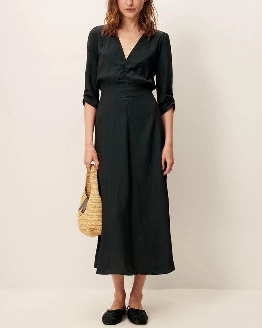 Sessun | Nylia Gathered Low Neck Dress - Smoke-Green