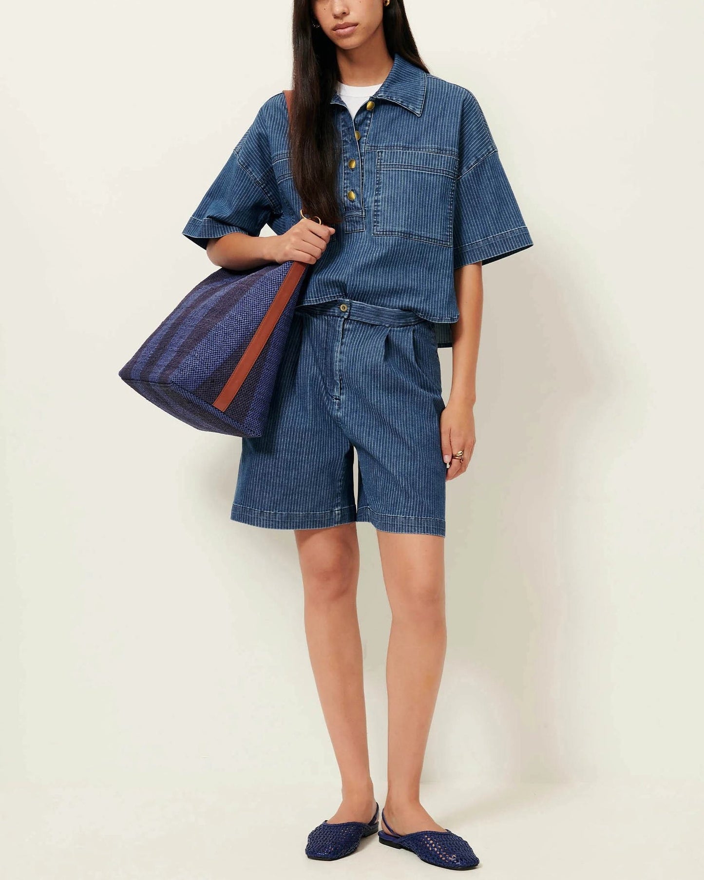 Sessun | Pleated Denim Twill Bermuda Shorts - Indigo Blue Regate-Blue