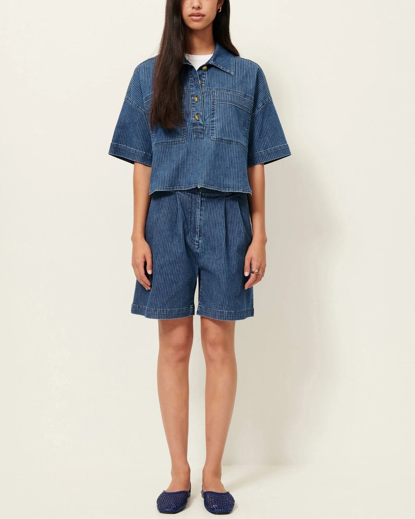 Sessun | Pleated Denim Twill Bermuda Shorts - Indigo Blue Regate-Blue